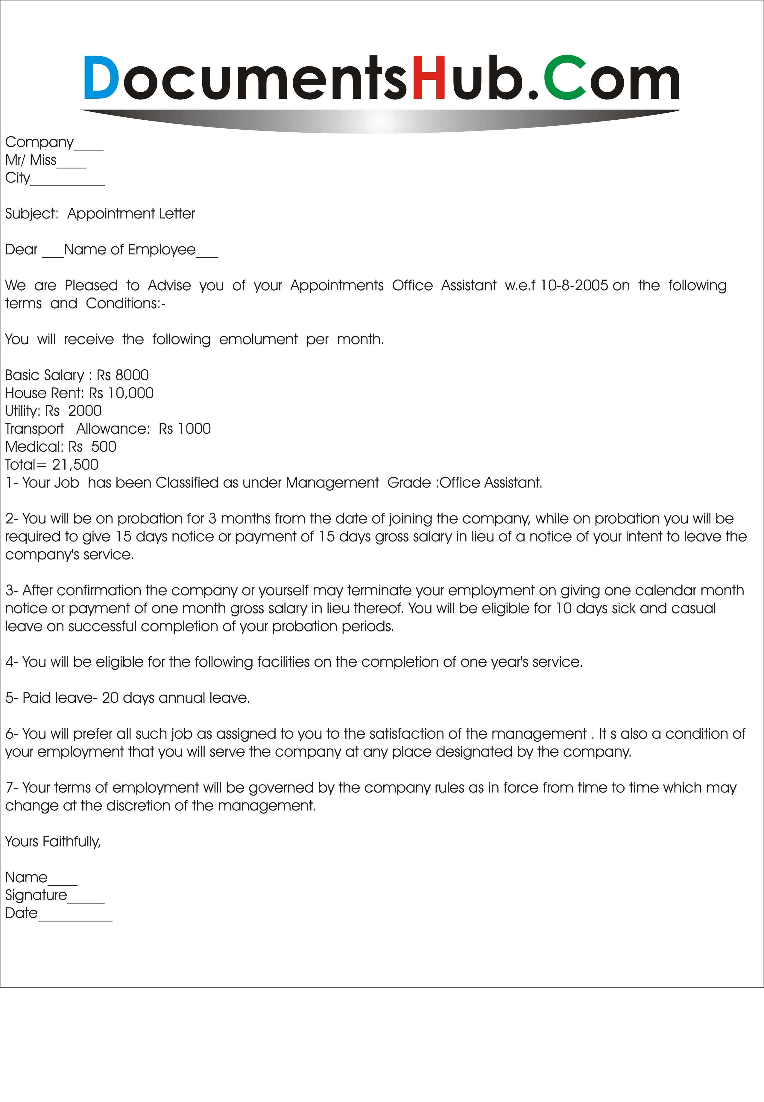 Appointment Letter Sample Marketing Manager Letter of Appointment for Office Assistant