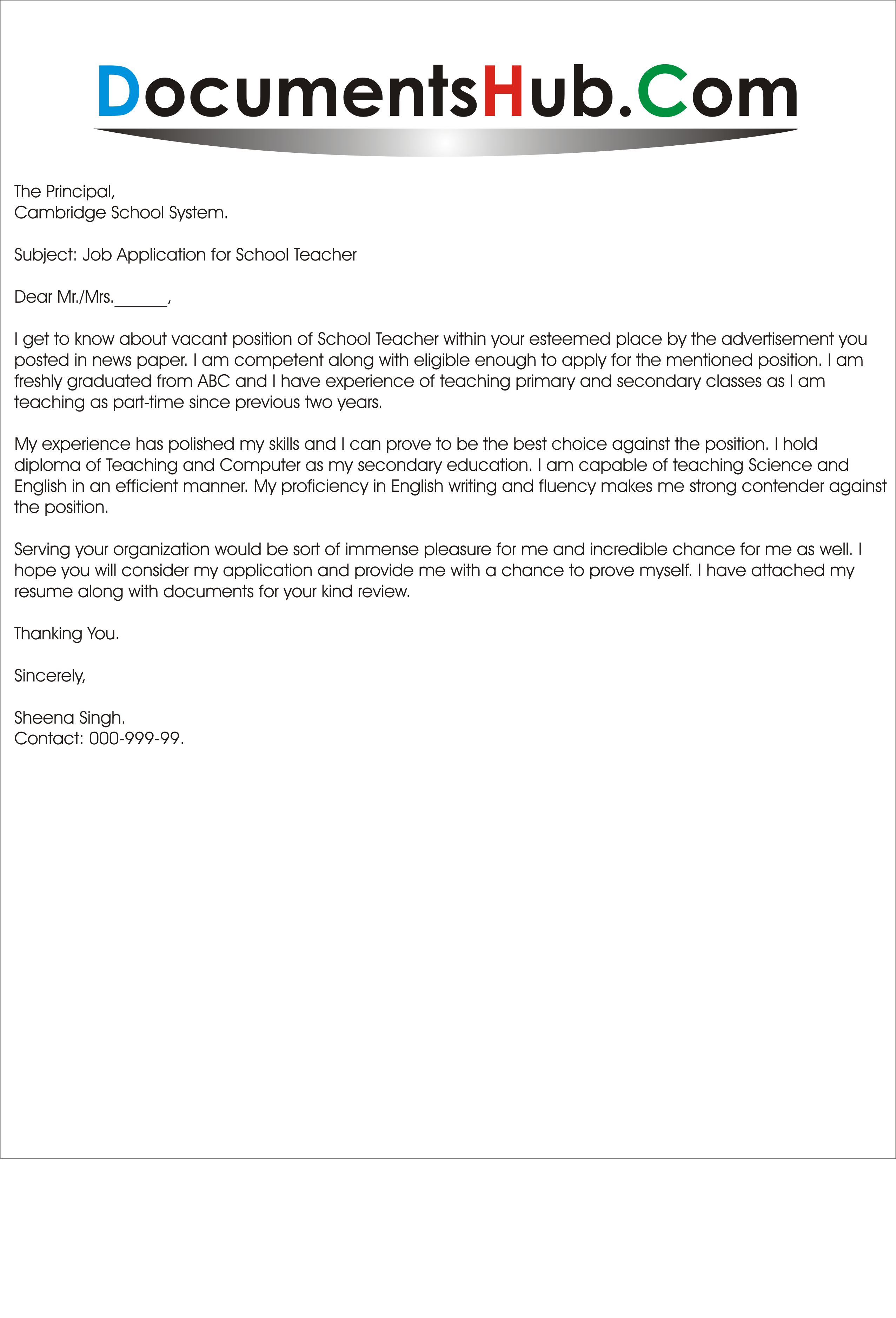 Sample application letter for a teaching job